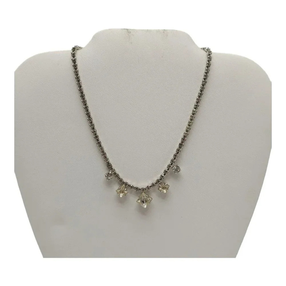Faceted Crystal Rhinestone Necklace Silver Tone Fold Closure Vintage Diamond
